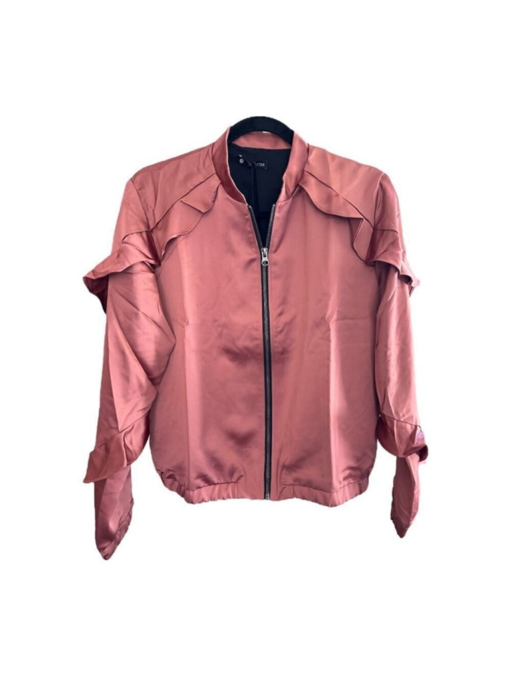Revolve Krisa Los Angeles Ruffle Bomber Satin Jacket in Copper Size M